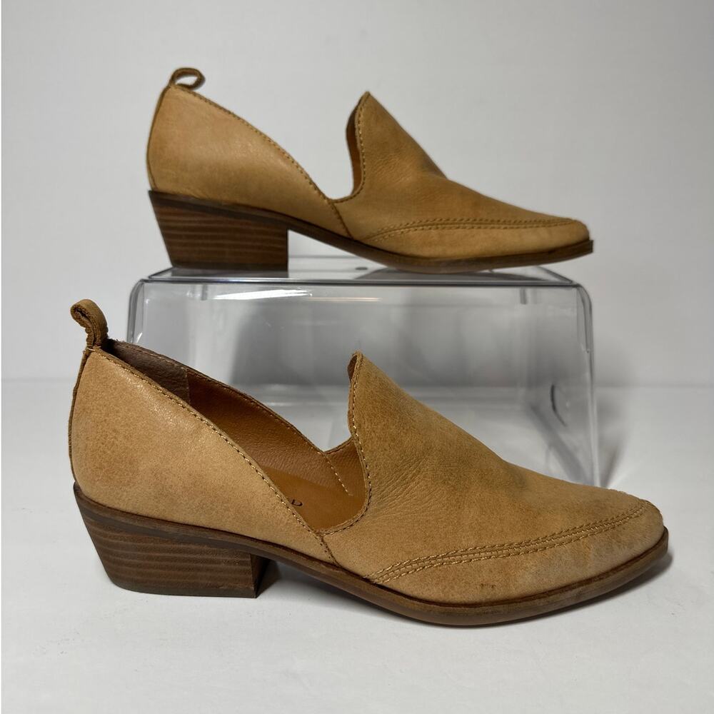 Lucky Brand Mahzan Pointed Toe Bootie Loafers Slip-On Stacked Heel Tan Sz 6